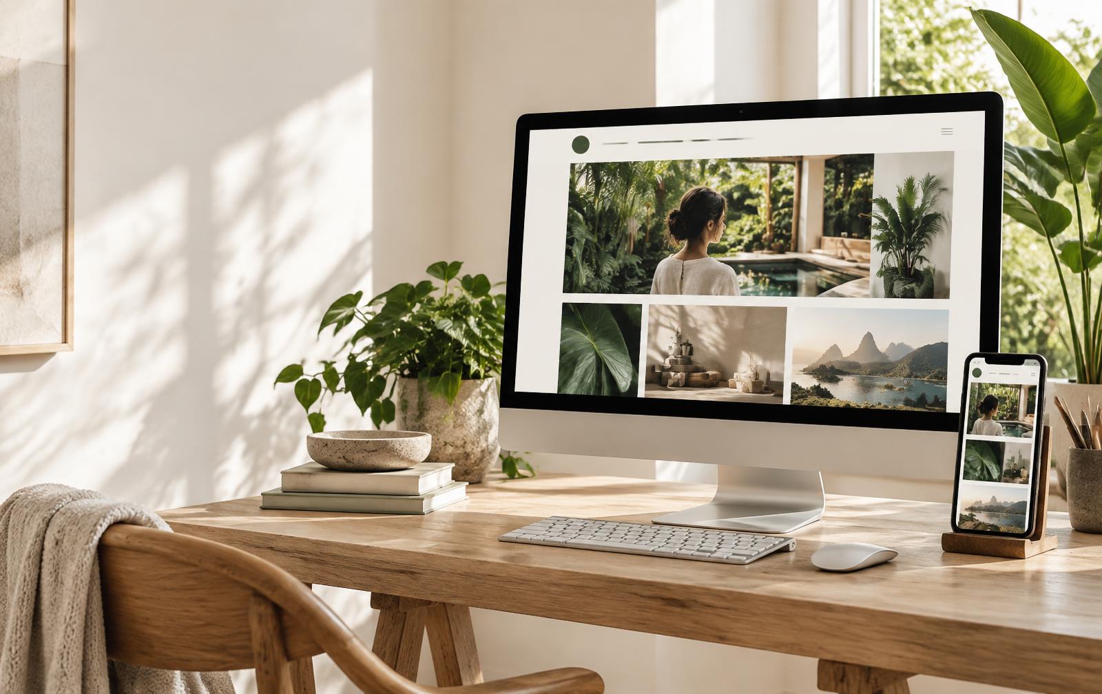 Site exibido em um computador e celular em um estúdio iluminado