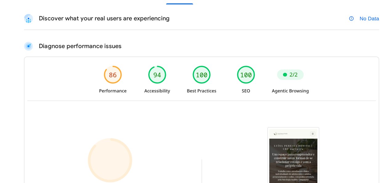 Captura do PageSpeed Insights: desempenho 86 no celular, acessibilidade 94, boas práticas 100 e SEO 100